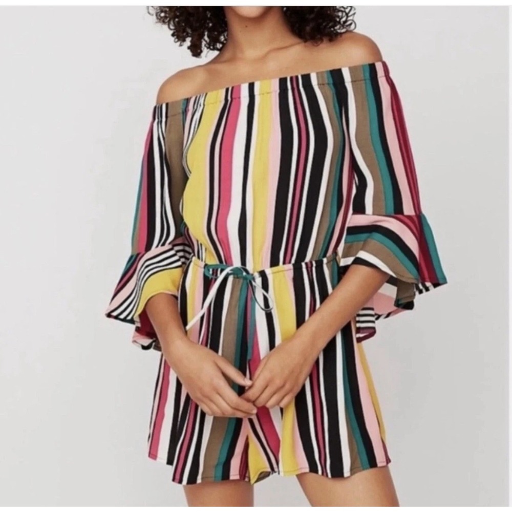 Express Rainbow Stripe Romper Womens Small Off Shoulder Flare Sleeves Shorts NEW
